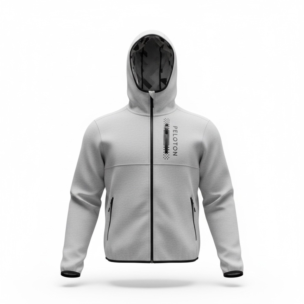 Peloton Mens Full Zip Hoodie Heather Grey Tech Fleece Graphic Back Logo Size L